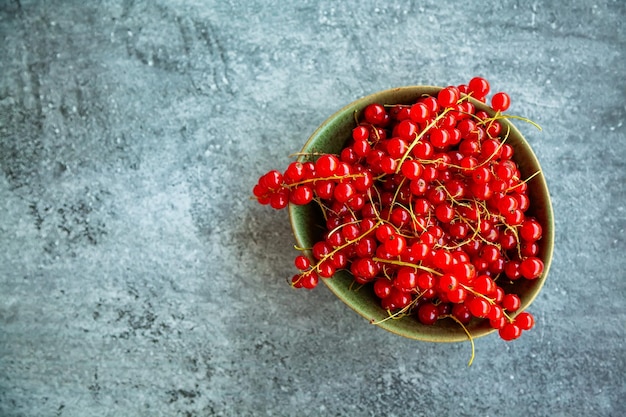 Top view fresh and ripe red currant in a bowl on a gray concrete background