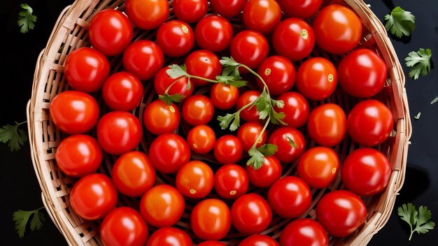 Top view of fresh ripe tomatoes in basket and coriander leaves on black background