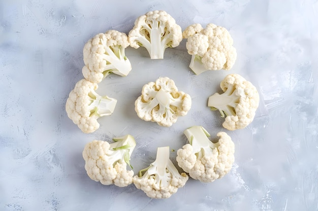 Photo top view fresh sliced cauliflower lined in circle on light grey table