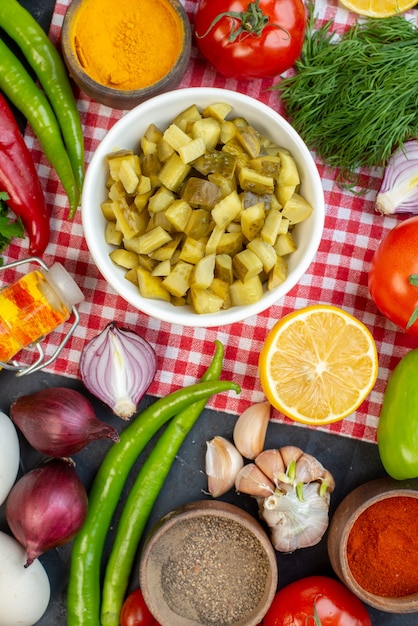 top view fresh sliced pickles with greens and vegetables on dark background meal lunch snack colors salad food health diet