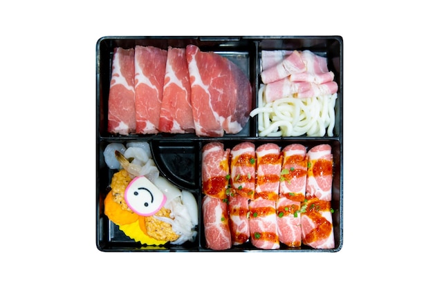 Top view of Fresh Sliced Pork set focus selective