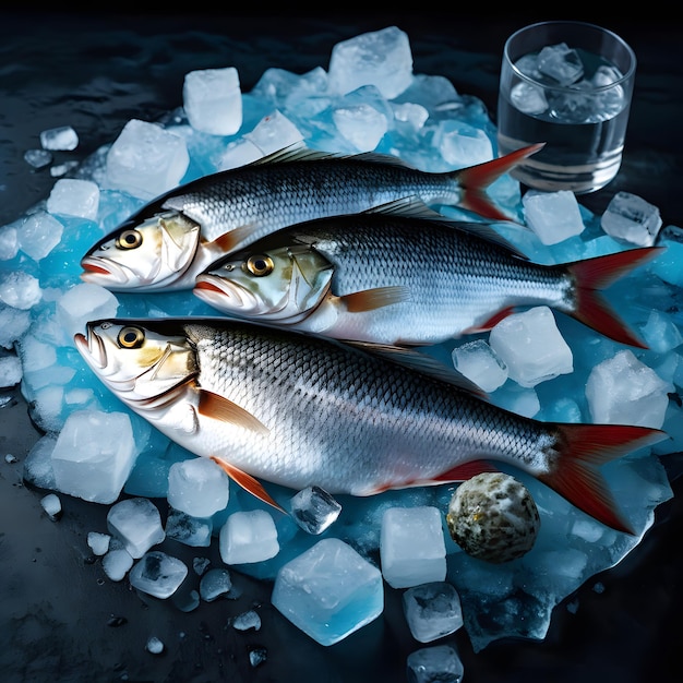 The top view of fresh tilapia is placed on ice cubes to keep it fresh for cooking and has sliced l