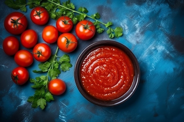 Top view fresh tomatoes with tomato paste and garlic on a blue table