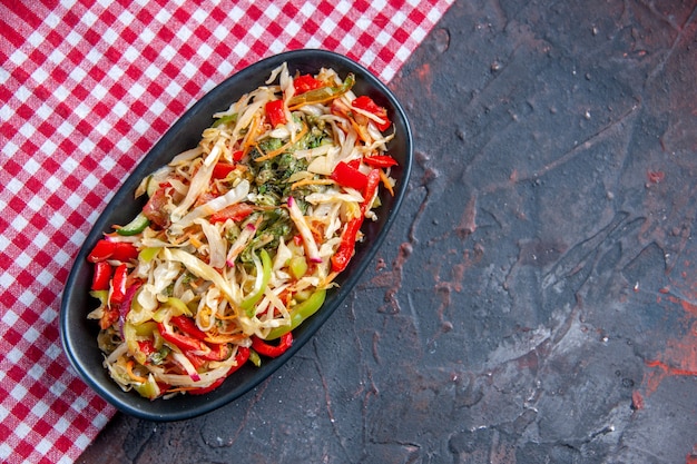 top view fresh vegetable salad inside long plate on dark surface health lunch colour horizontal cuisine food diet meal