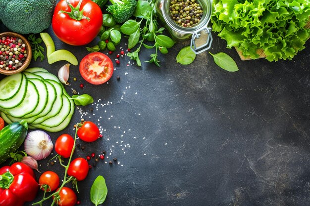 Top view fresh vegetable salad with greens and sliced vegetables on dark table