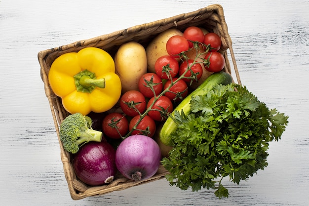 Top view fresh vegetables in basket