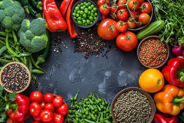 Top view fresh vegetables with greens and different seasonings on dark space