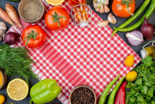 top view fresh vegetables with greens and eggs on dark background color photo diet food salad meal snack health