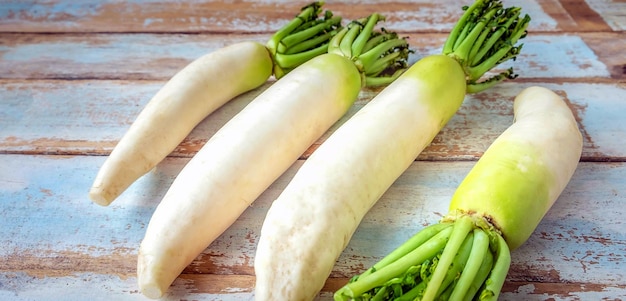 Top view of fresh white radish vegetable placed on an old wooden backgroundraw radish