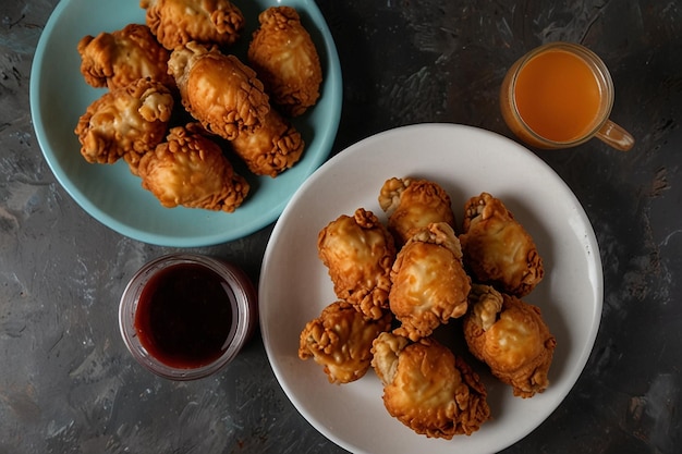 Photo top view of fried chicken on plate with sauce and fizzy drink