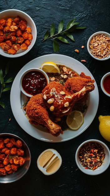 A top view fried chicken with sauce peanuts and lemon on the table food meal dinner