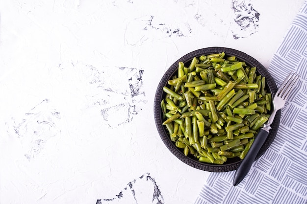 Top view of fried green beans on a pan 