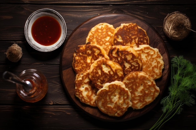 Top view of fried pancakes on a vintage wooden table