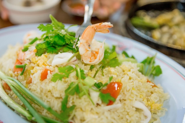 Top view of fried rice white shrimp, focus selective.