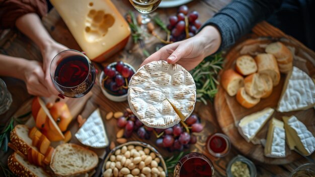 Photo top view of friends enjoying cheese platter with camembert and wine