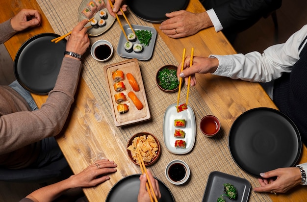 Top view friends having lunch  in luxury restaurant