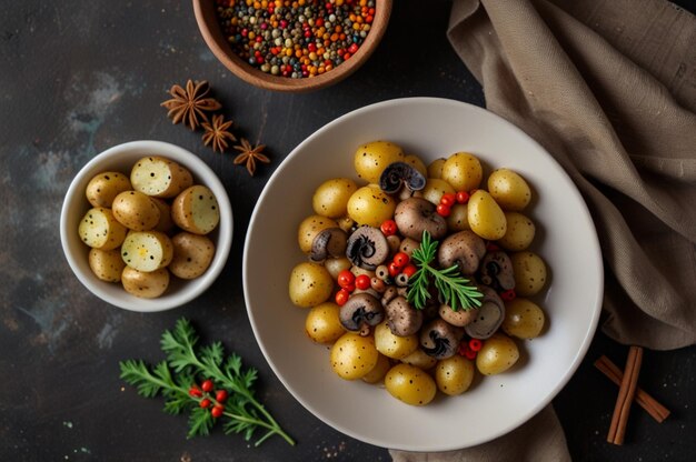 Top view from afar plate and spices bowl with potatoes and mushrooms and colorful spices around them