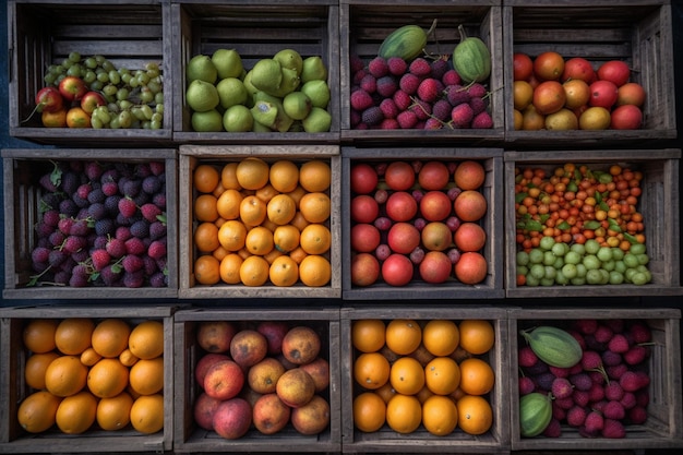 Top view of fruits in rectangular wooden cages in market rural background generative AI