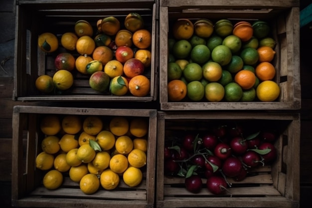 Top view of fruits in rectangular wooden cages in market rural background generative AI