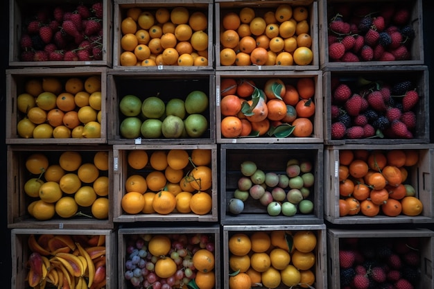 Top view of fruits in rectangular wooden cages in market rural background generative AI