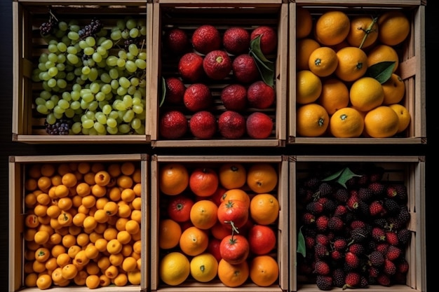 Top view of fruits in rectangular wooden cages in market rural background generative AI