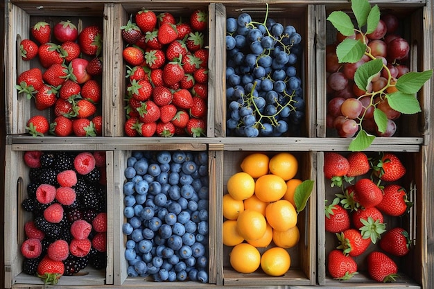 Top view of fruits in rectangular wooden cages in market rural background