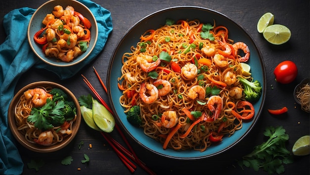 top view and full view of stirfried noodle dish which can be made with shrimp tofu or chicken