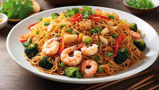 top view and full view of stirfried noodle dish which can be made with shrimp tofu or chicken