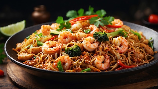 top view and full view of stirfried noodle dish which can be made with shrimp tofu or chicken