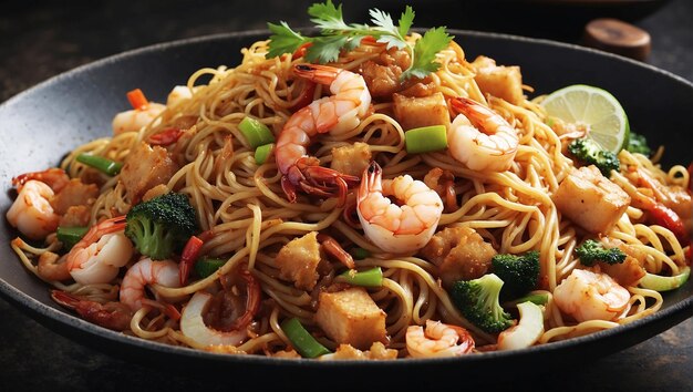 top view and full view of stirfried noodle dish which can be made with shrimp tofu or chicken