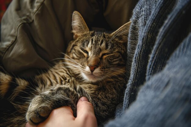 Photo top view of a furry tabby cat lying on its owners lap enjoying being cuddled and purring