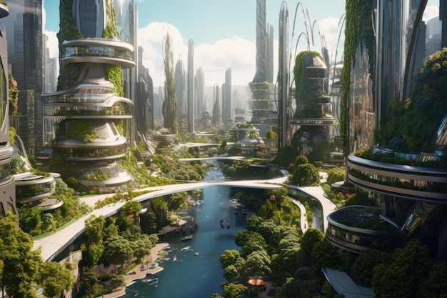 Top View of Futuristic City Situated on the River Banks Ecofriendly buildings Harmony of HighTech and Ecology Buildings with Tree for Reducing Carbon Dioxide Futuristic Technology Concept