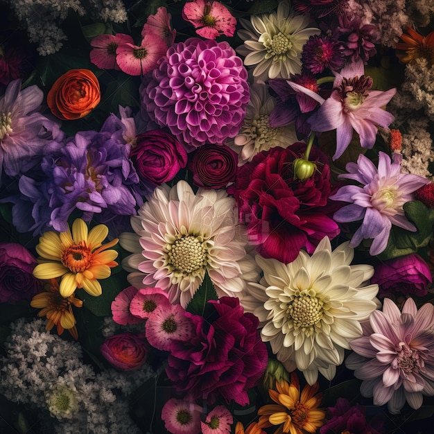 Top view of a garden flowers background daisy phlox dahlias and others Flower composition