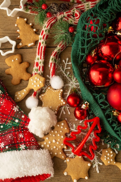 Top view of gingerbread cookies and Christmas decorations