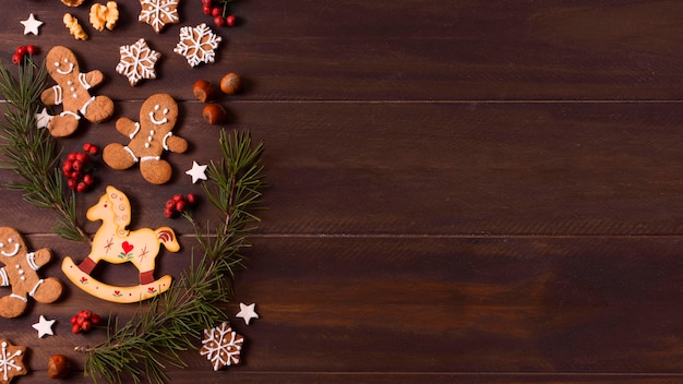 Top view of gingerbread cookies selection for christmas with copy space