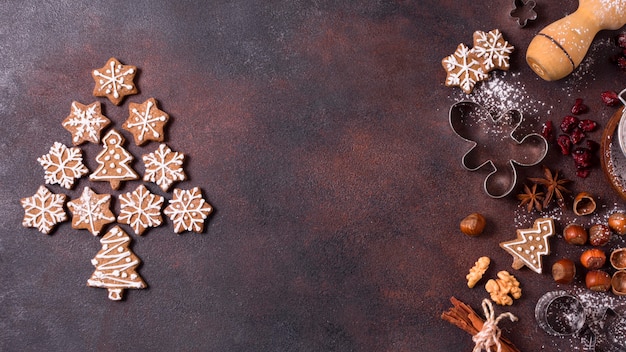 Top view of gingerbread cookies with nuts