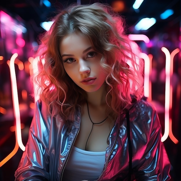 Top view girl posing with neon light