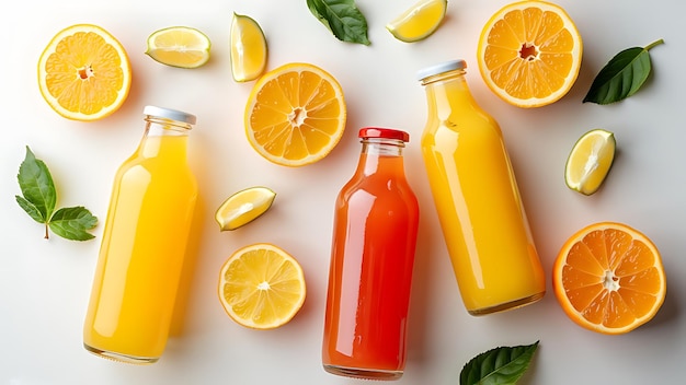 Top view of glass bottles of fresh juice with citrus fruits slices on white surface