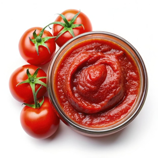 Photo top view of a glass bowl filled with tomato paste and fresh tomatoes generative ai