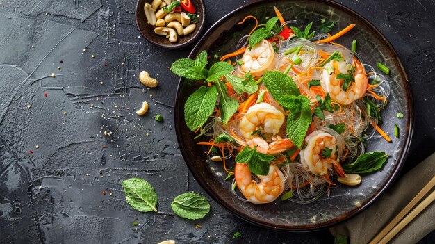 Top view of glass noodles salad with shrimp mint cilantro and peanuts drizzled with a tangy lime dressing