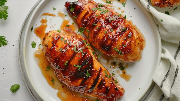 Top view of glazed chicken breast in a honey sweet and sour marinade served elegantly on a white plate