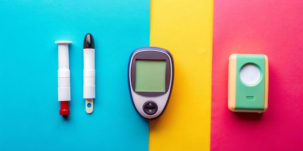 Photo top view of glucometer and medical supplies on color background with copy space