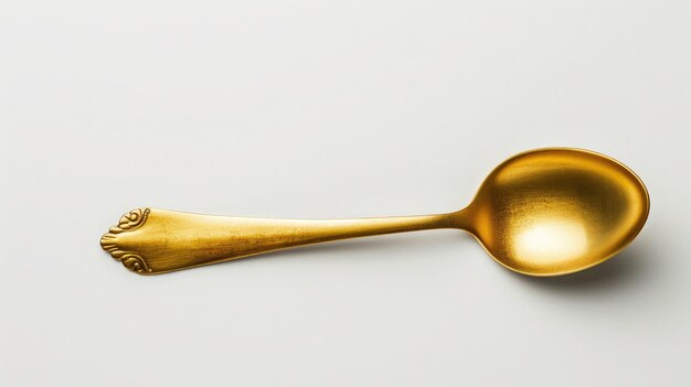 Photo top view of golden spoon isolated white background