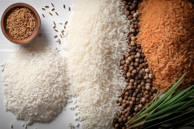 Top view of grains and rice in the background Natural food rich in protein