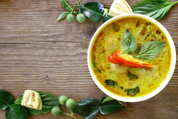 Top view of green curry fish ball in white bowl