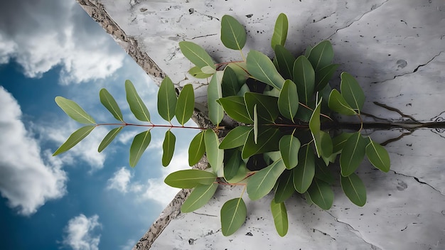 Photo top view of green eucalyptus leaves on concrete surface