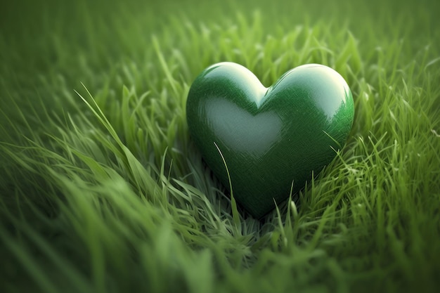 Top view green heart placed on the green grass background