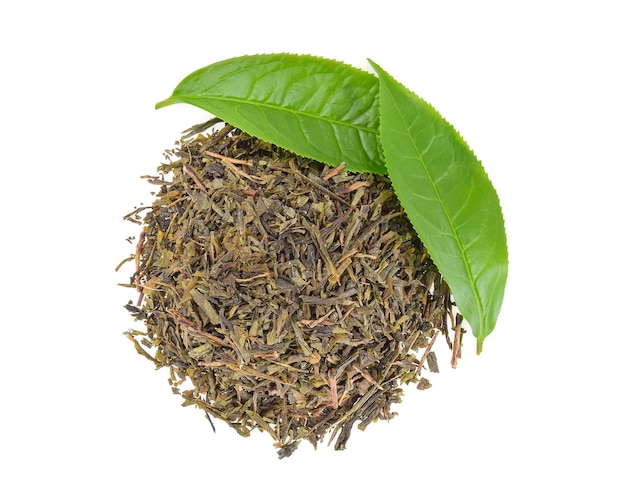 Top view of Green tea leaves with dried tea leaves isolated on white background