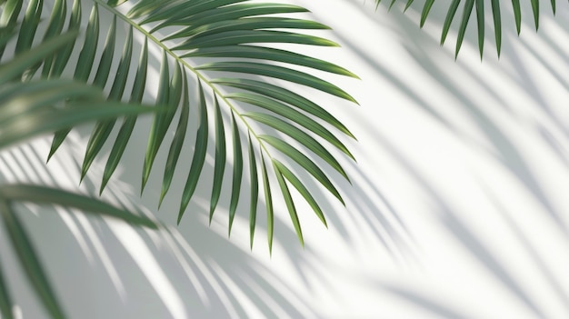 Top view of green tropical palm tree and shadow on white wall background