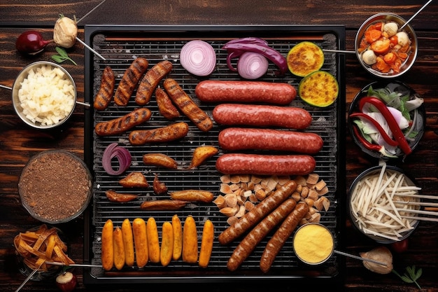 Top view of a grill with various types of sausages created with generative ai